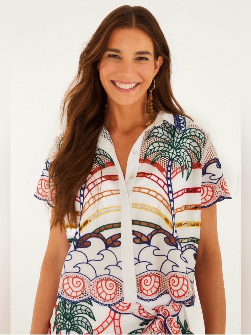 FARM RIO Off-White Tropical Graphic Richelieu Crop Shirt Coverup